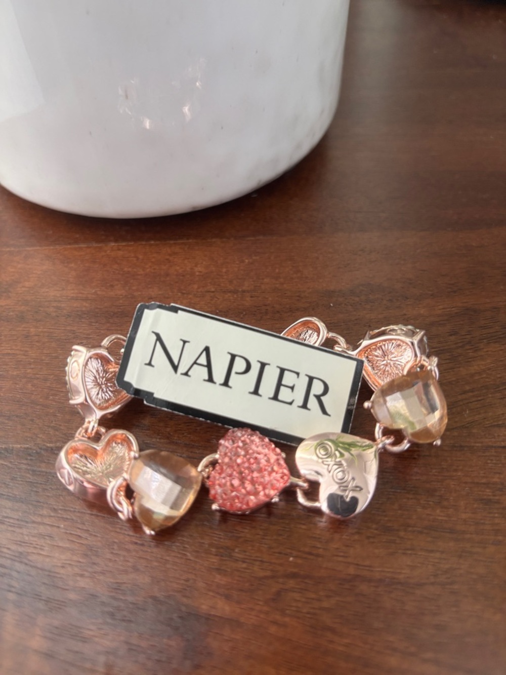 Napier Pink glitter & goldtone beveled heart stones,sayings,pick me,XOXO, 4 ever